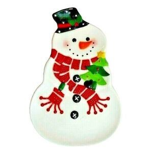 Snowman Spoon Rest Kitchen Ceramic Stovetop Utensil Holder Trinket Tray Gift NEW